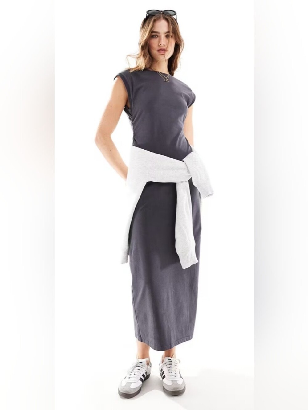 Zara Jersey Knit Maxi Capped Sleeve Crewneck Maxi Dress in Gray.  Size: Large.